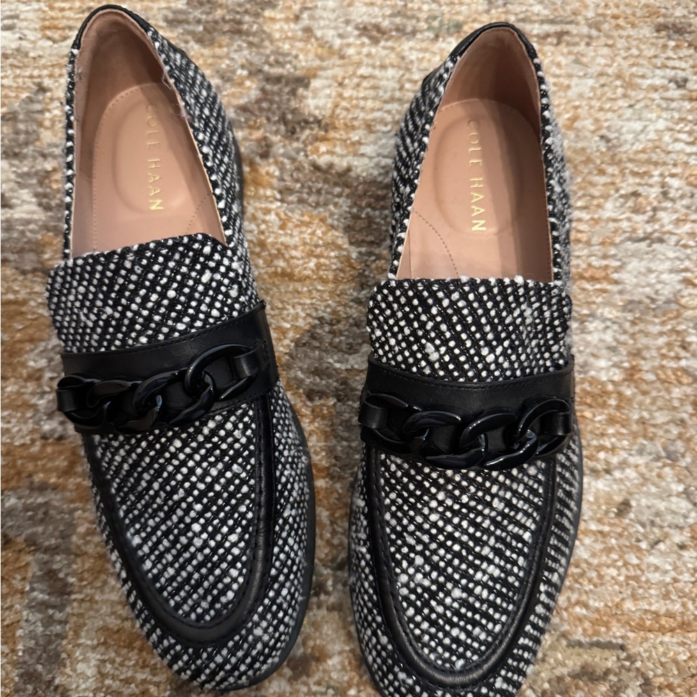 Cole Haan Black & White Tweed Chain-Trim Slip-On Loafers